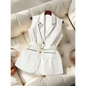 【Plus Size】 Solid Lapel Neck Blazer Vest, Casual Sleeveless Outerwear for Work Office Business, Women's Plus Clothing for All Seasons, Womenswear
