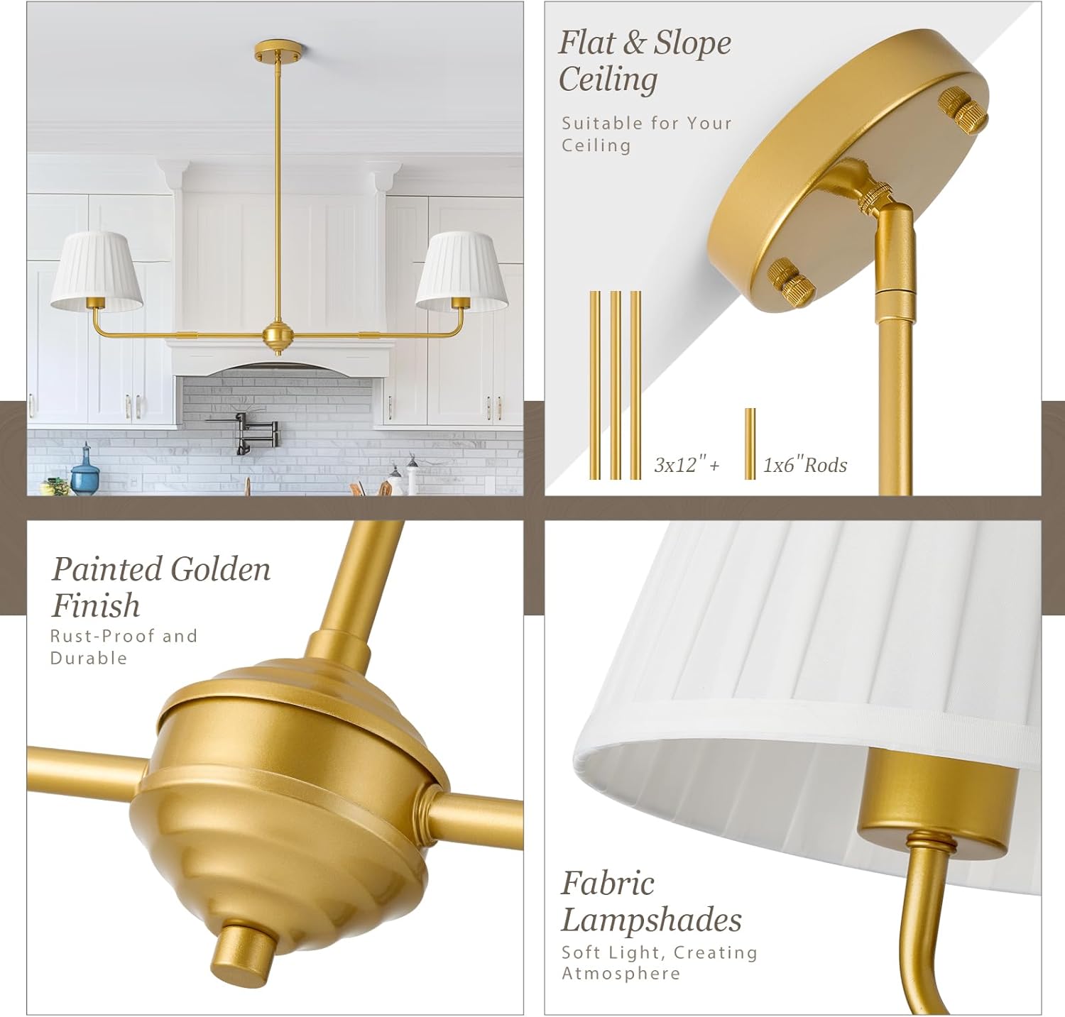 Karjear Gold Linear Chandelier, 43.3" Modern Double Kitchen Island Light with White Fabric Shade for Dining Room Restaurant Living Room