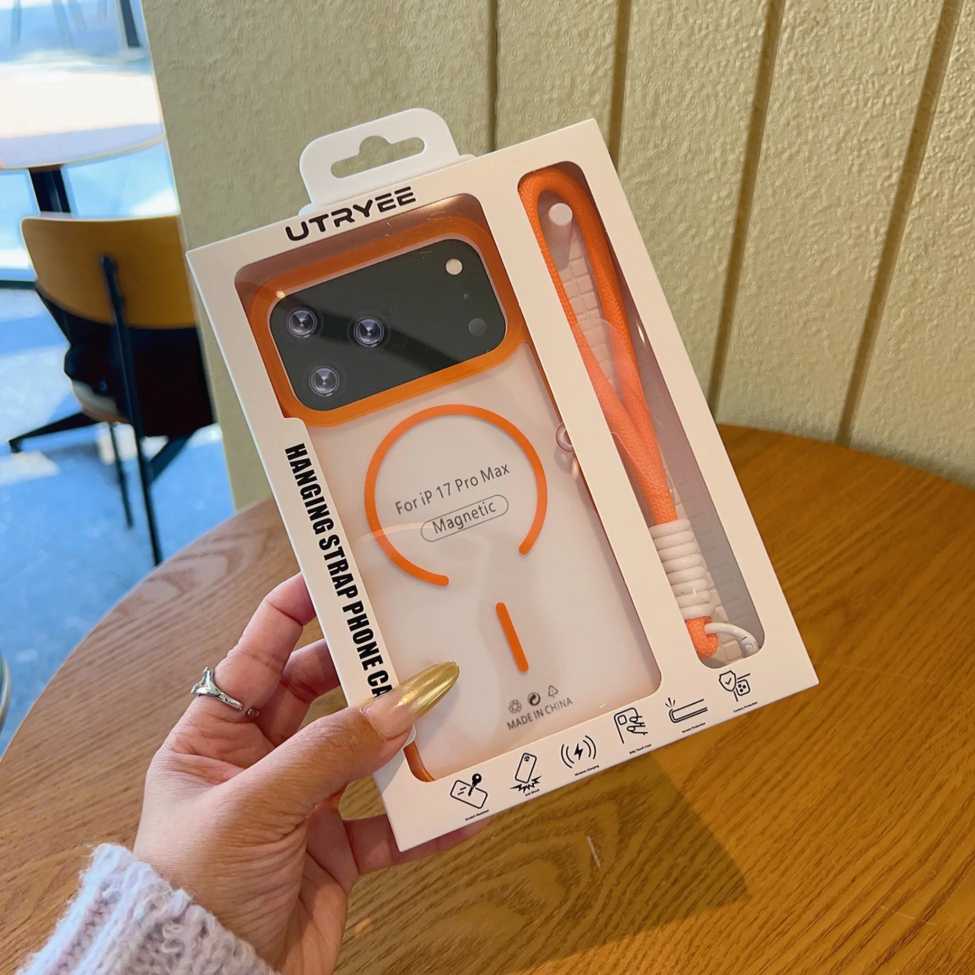 Orange strap with lanyard and packaging