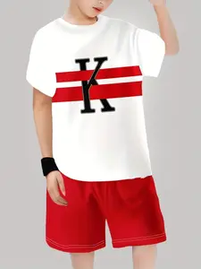 Boys 3D Letter Print Casual Short Sleeve Design T-Shirt and Shorts Clothing Set, Comfortable Outdoor Wear for Boys, Stylish Summer for Daily Activities
