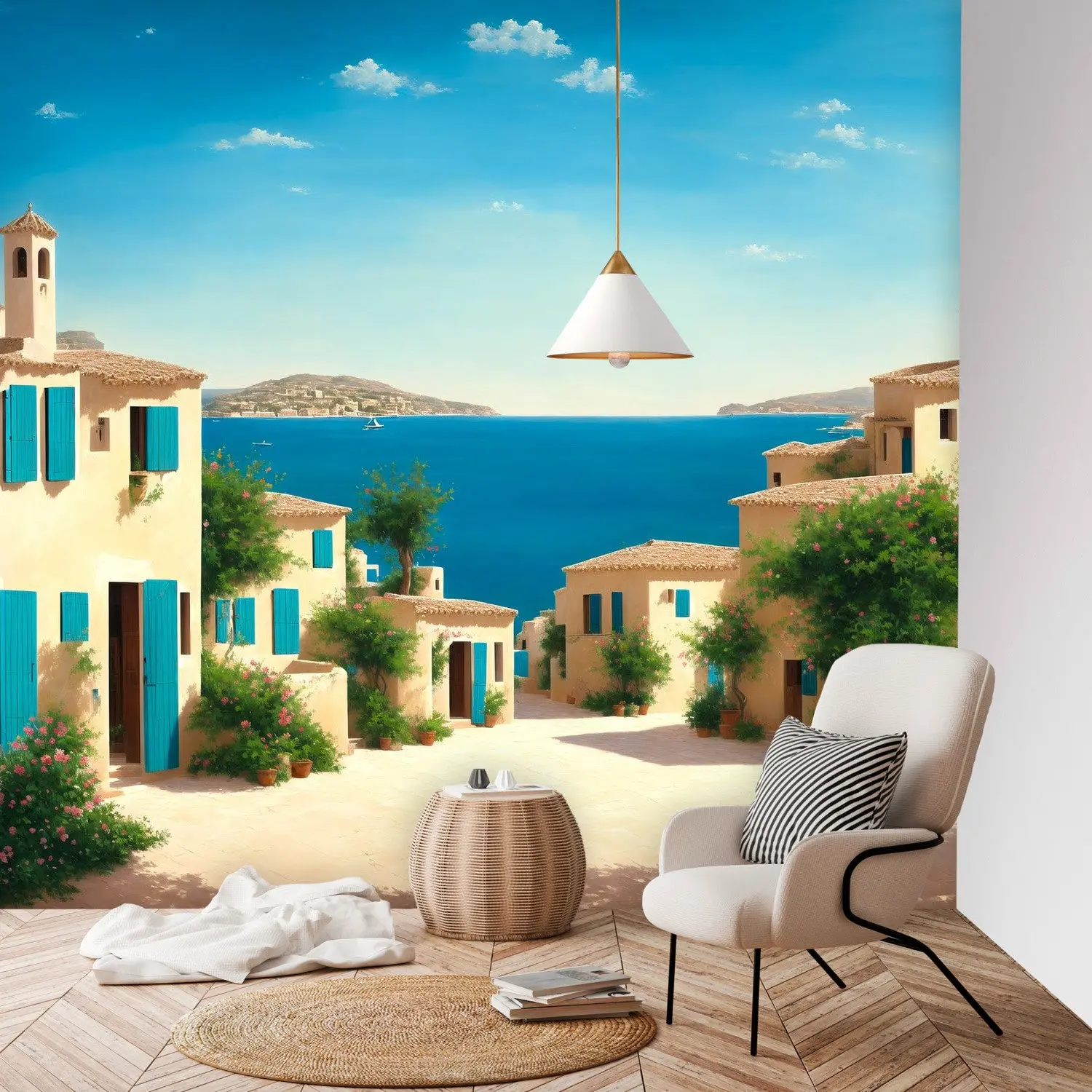Wall Murals, Mediterranean Wallpaper, Peel and Stick Wallpaper, Travel Wallpaper, Coastal Village Wall Murals, Seaside Wall Murals