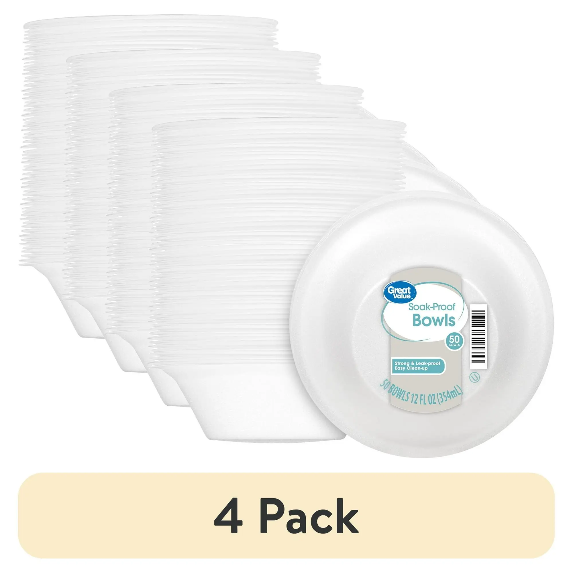 (4 pack) Great Value Everyday Disposable Foam Bowls, 12 oz, 50 Ct