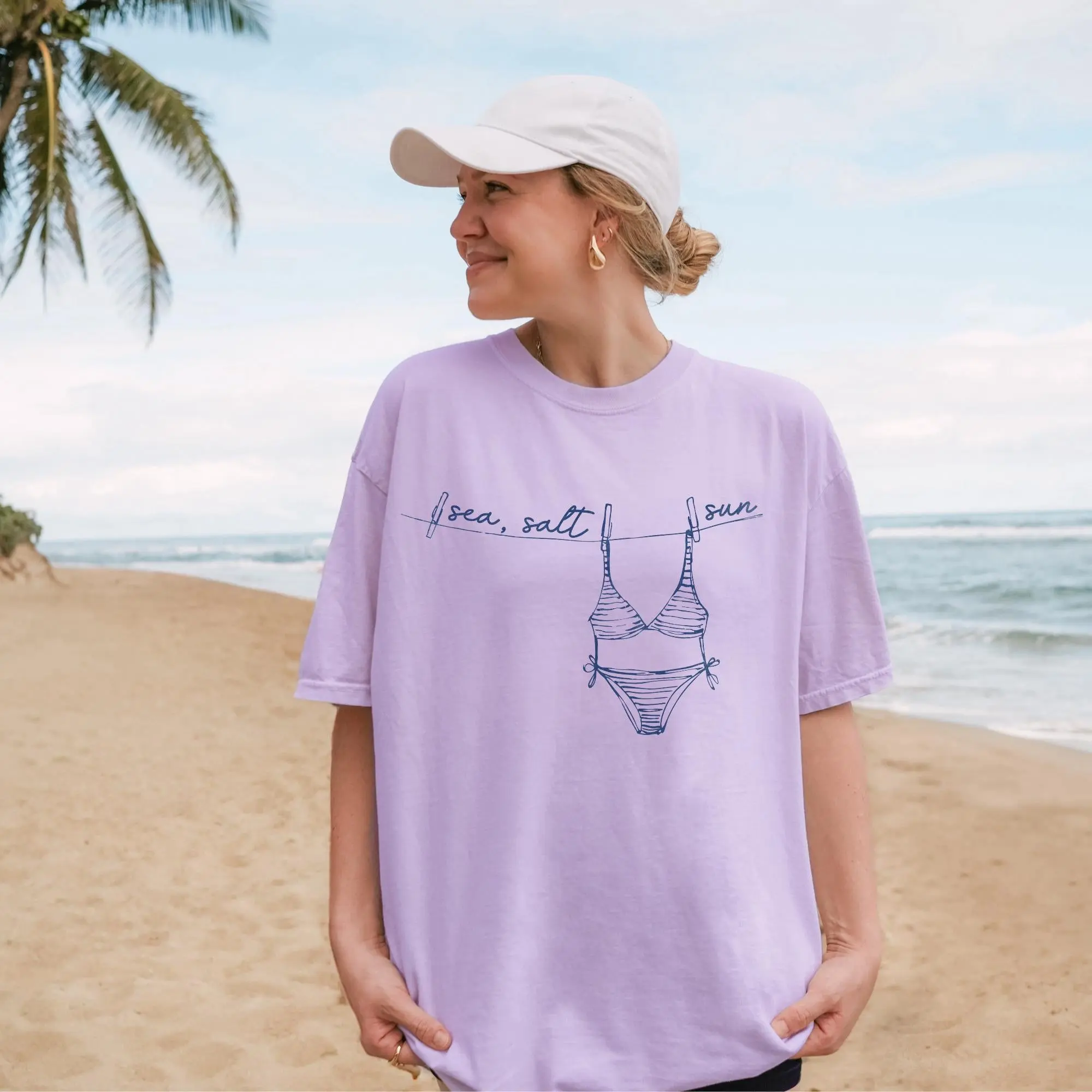 Bojjico Sea Salt Sun Bikini Graphic Oversized T-Shirt For Women Coastal Granddaughter Preppy Summer Beachy Vintage White Cotton Apparel Beach Holiday Vacation Top Casual Loose Fit Tee Trendy Retro Summervibes Cover Up Clothes