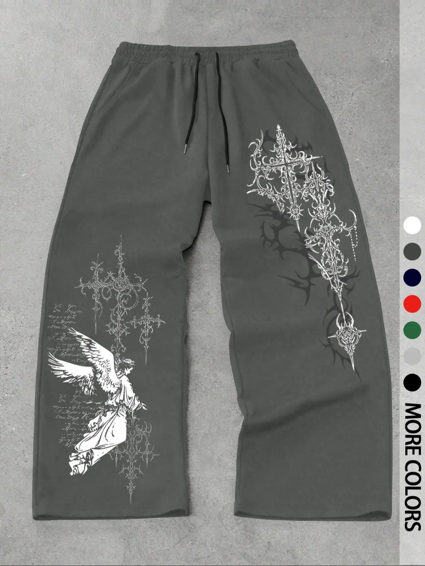 Men's Casual Sport Pants, Athleisure Style Pants, Angel Thorn Pattern Print, Drawstring Wide Leg, Loose-Fitting, Casual Comfy Sporty, All Seasons, Men's Fashion Long Pants, Casual Sporty Trousers, Athleisure Style Bottoms