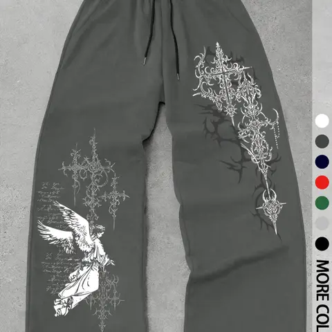 Men's Casual Sport Pants, Athleisure Style Pants, Angel Thorn Pattern Print, Drawstring Wide Leg, Loose-Fitting, Casual Comfy Sporty, All Seasons, Men's Fashion Long Pants, Casual Sporty Trousers, Athleisure Style Bottoms