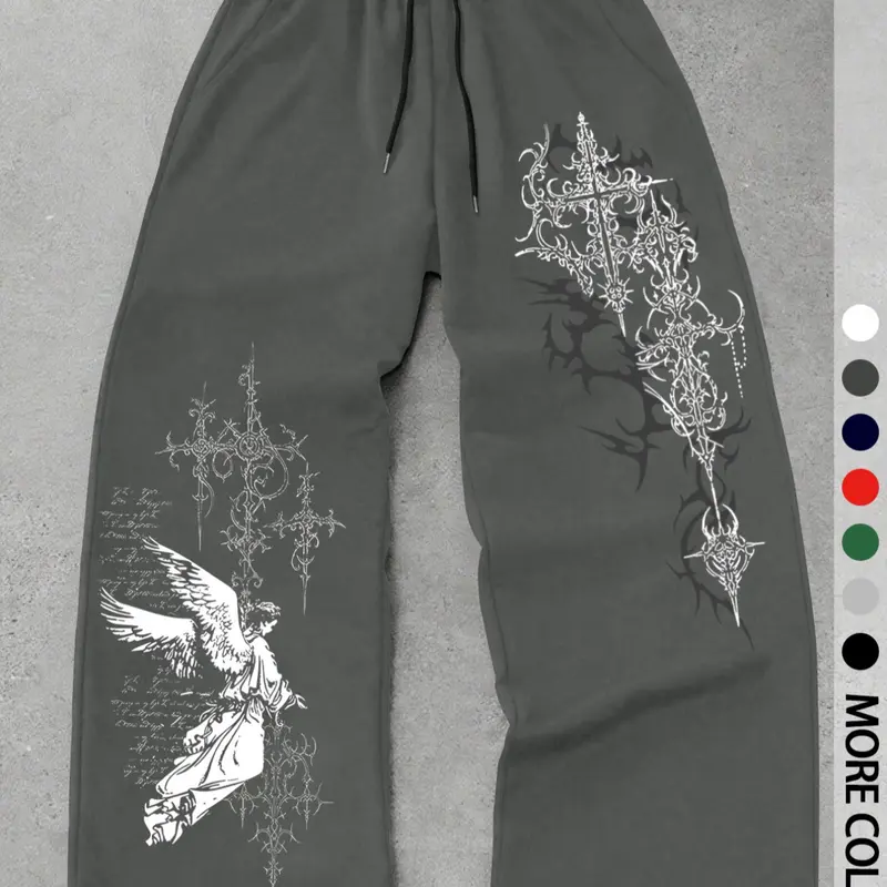 Men's Casual Sport Pants, Athleisure Style Pants, Angel Thorn Pattern Print, Drawstring Wide Leg, Loose-Fitting, Casual Comfy Sporty, All Seasons, Men's Fashion Long Pants, Casual Sporty Trousers, Athleisure Style Bottoms
