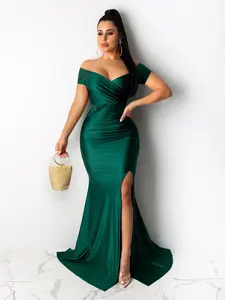 Women's Elegant Sleeveless Off-Shoulder High-Slit Fishtail Formal Dress - Ankle-Length Glamorous Pure-Style Wear for Nightclub Occasions, Glamorous Style