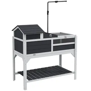 PawHut Tortoise Habitat with Adjustable Lamp Holder, 2 Layer Tortoise Enclosure with Storage Shelf, Removable Main House, Fixed Tray, Openable Lid, Gray
