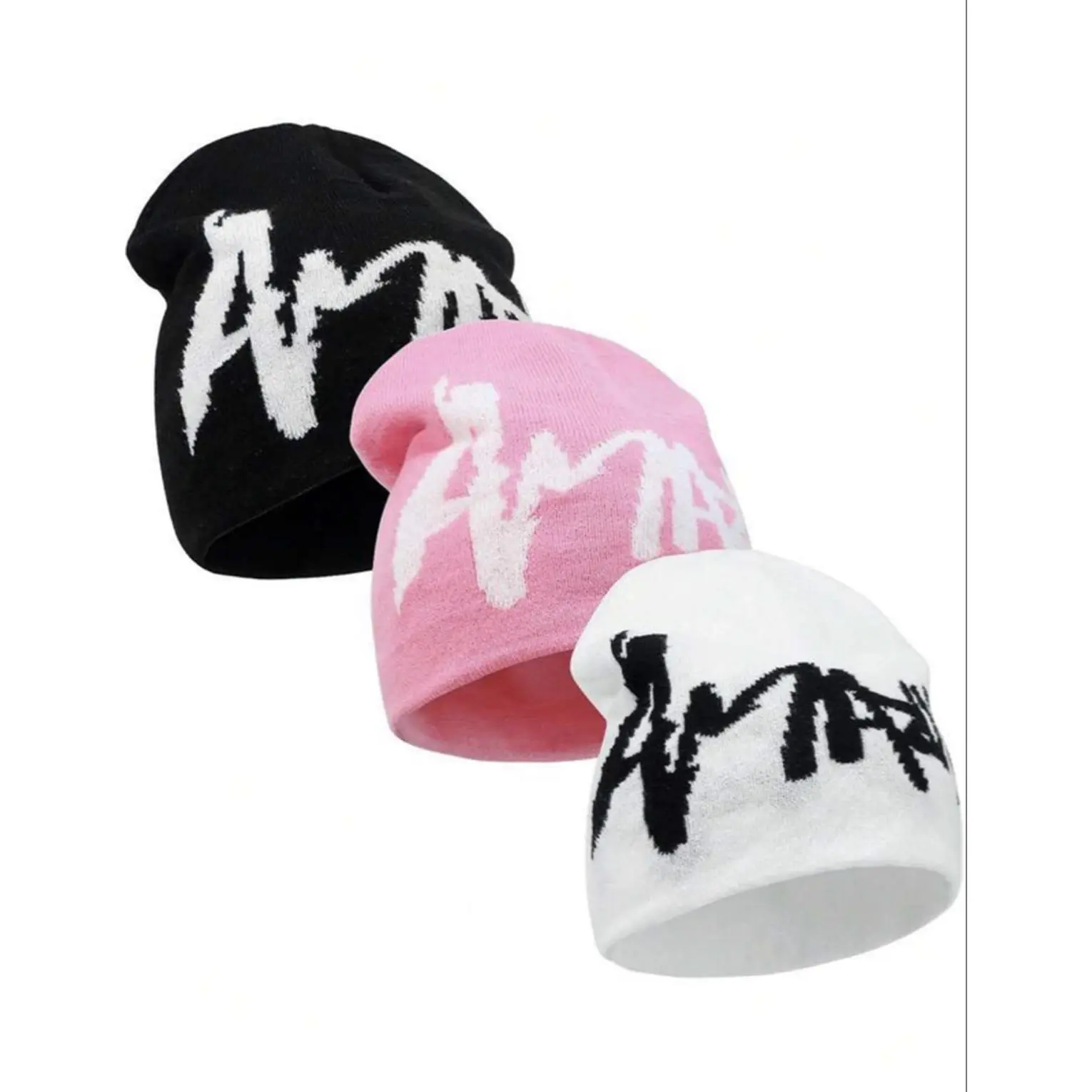 Unisex Acrylic Beanie Hats - 1-2-3 Pieces, Black-White-Pink, Soft Cozy Winter Accessory for Cold Weather