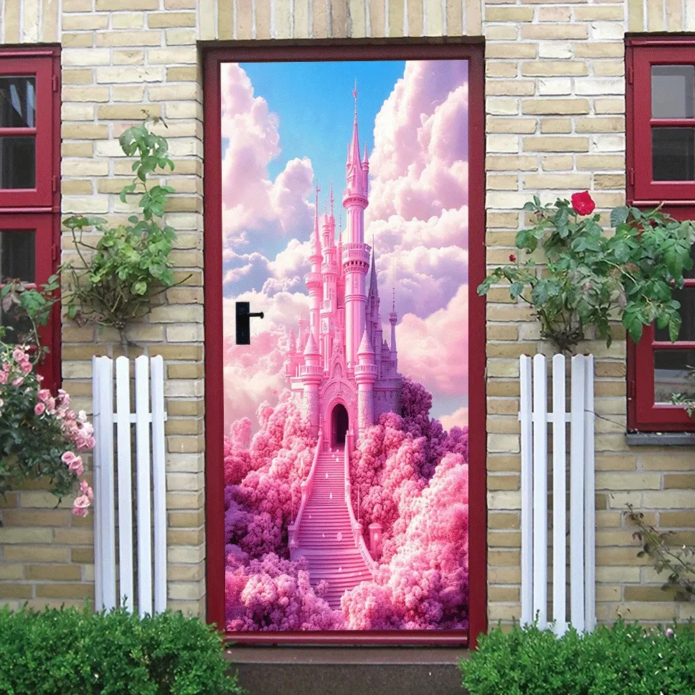 Dreamy Pink Castle Wall Stickers Fairy Tale Princess Castle Decals Self Adhesive Removable Cartoon Castle Mural for Kids Bedroom Girls Room Decoration Wall Art Decorative Stickers Women's clothing