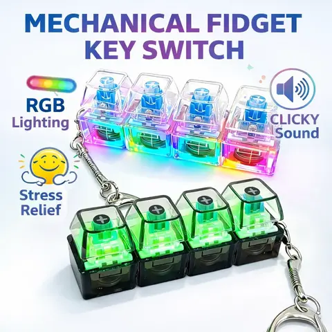 Unisex 4-Key Glowing Mechanical Keyboard Keychain - 4-Key Switch Layout, RGB LED Lights, 1.1 oz Lightweight Transparent Plastic/Black Keyboard Fidget Clicker, Clicker Fidget Toys for Sensory Needs Solutions, EDC Stress Relief Gift