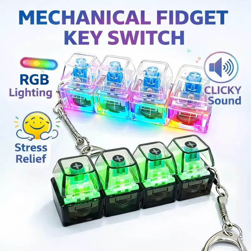 Unisex 4-Key Glowing Mechanical Keyboard Keychain - 4-Key Switch Layout, RGB LED Lights, 1.1 oz Lightweight Transparent Plastic/Black Keyboard Fidget Clicker, Clicker Fidget Toys for Sensory Needs Solutions, EDC Stress Relief Gift