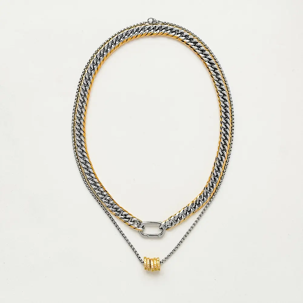 Milan Stack Necklace 18K Gold Two Tone Layered Chain (17.7” & 19.7”)