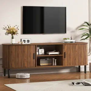 70" Modern TV Stand for TVs up to 80", TV Stand with Sliding Doors and Storage Shelves, Brown/White