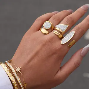 Trendy 18K Gold-Plated Geometric Ring for Women, Stainless Steel Adjustable Open Ring, Cubic Zirconia Minimalist Jewelry Gift