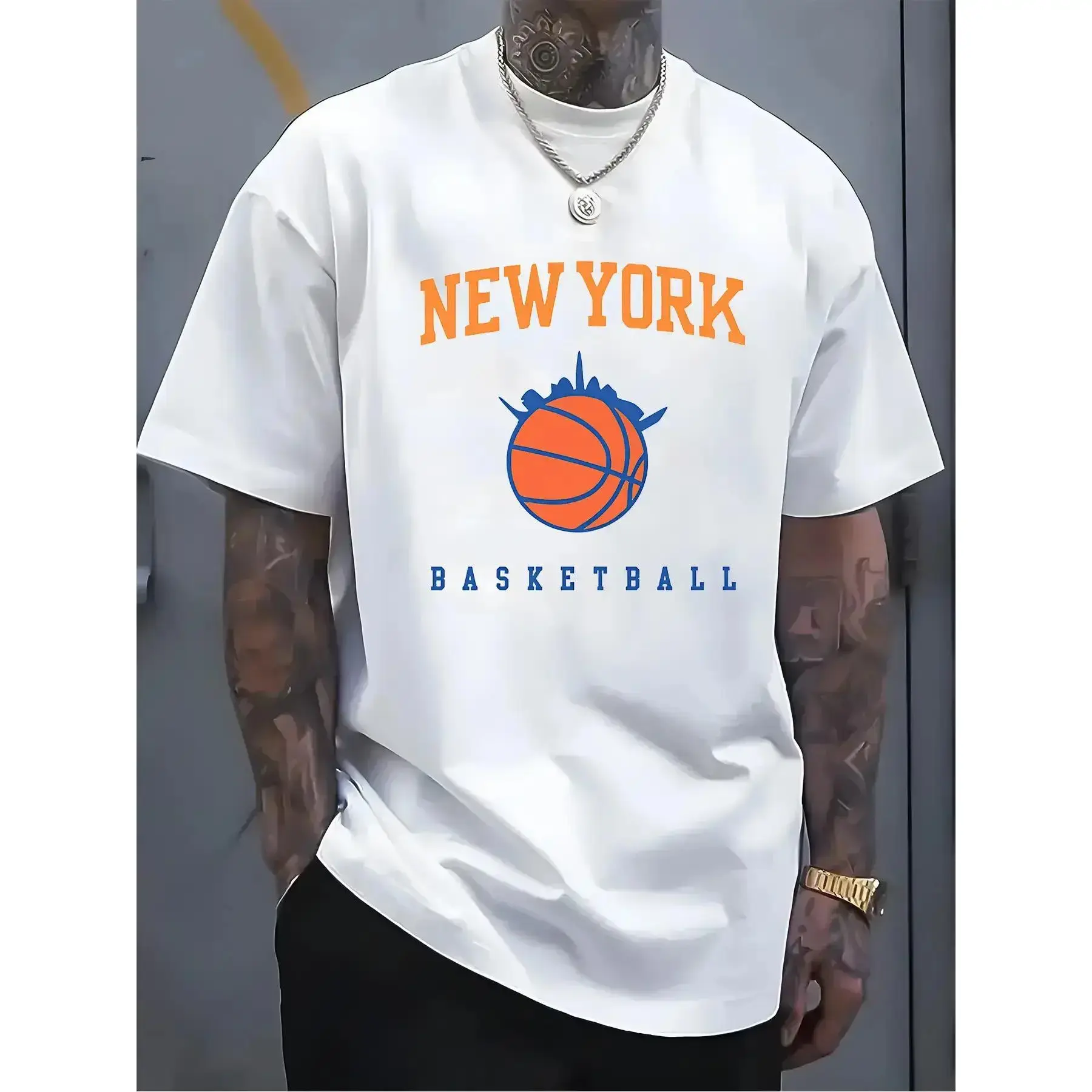 1pc Men's New York Basketball Graphic T-Shirt- 100%25 Cotton Breathable Lightweight Regular Fit Tee with Vibrant Orange Blue Skyline Print, Casual Short Sleeve for Sports Outdoor Summer Wear, Perfect Gift for Basketball Fans, Breathable Sports Shirt S