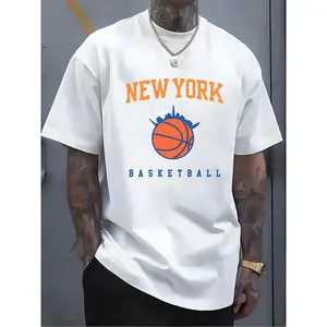 1pc Men's New York Basketball Graphic T-Shirt- 100%25 Cotton Breathable Lightweight Regular Fit Tee with Vibrant Orange Blue Skyline Print, Casual Short Sleeve for Sports Outdoor Summer Wear, Perfect Gift for Basketball Fans, Breathable Sports Shirt S