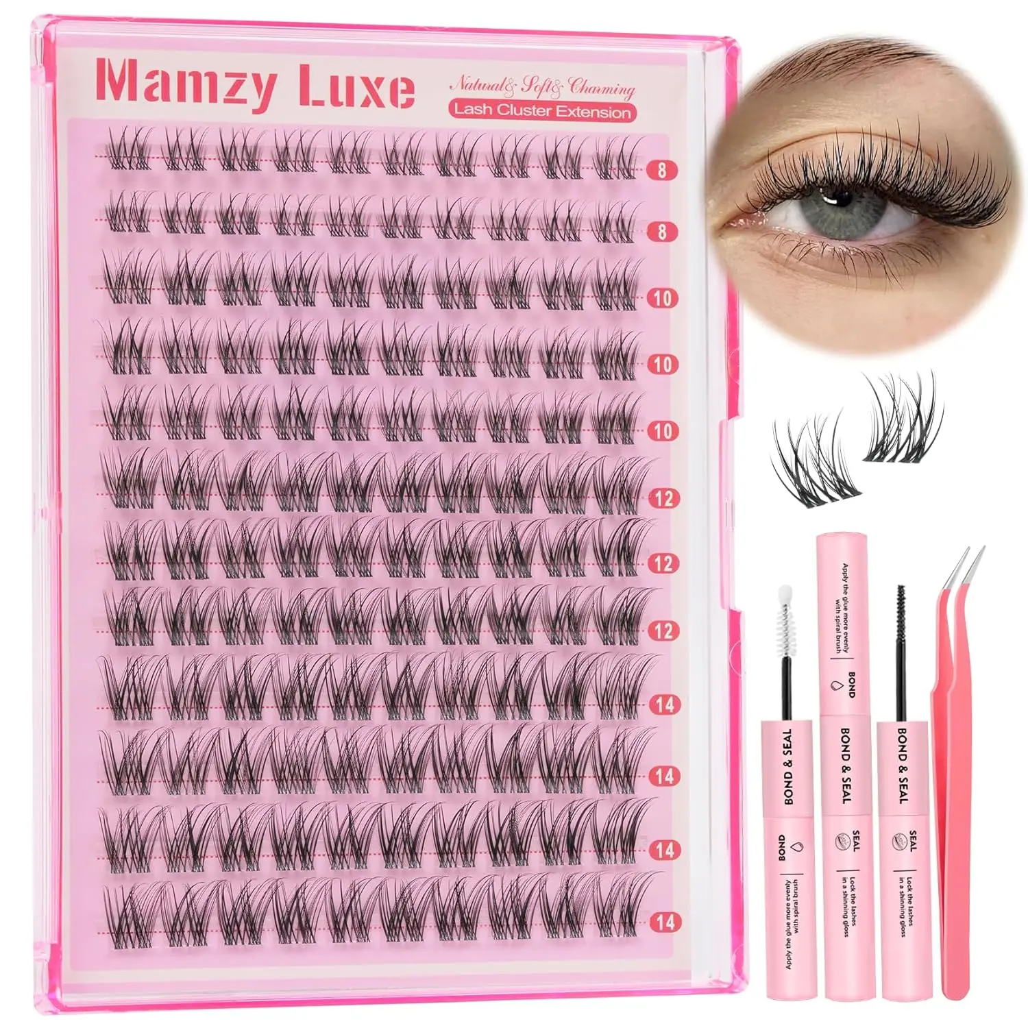 Natural Lash Clusters Kit Short Wispy Eyelash Clusters 8-14MM Clear Band Cluster Lashes Extensions Kit 120Pcs CC-Curly Daily Exquisite Eyelashes Clusters with Bond and Seal and Tweezers, Volume Mix Length False Eyelash Kit