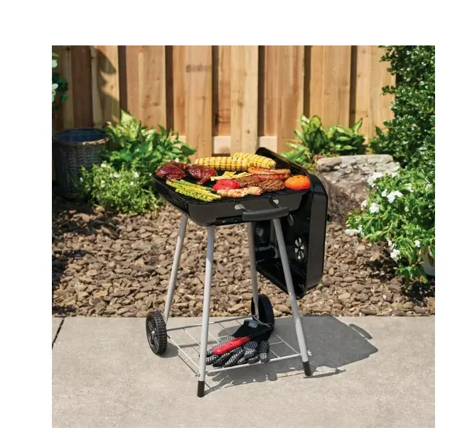 Black 17.5" Square Steel Charcoal Grill with Wheels, New