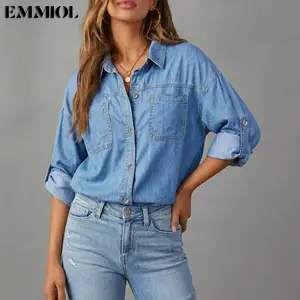 EMMIOL Women Oversized Denim Shirt Jacket Long Sleeve Button Down Distressed Vintage Blue Jean Jacket Streetwear Summer Vibes Womenswear Shacket