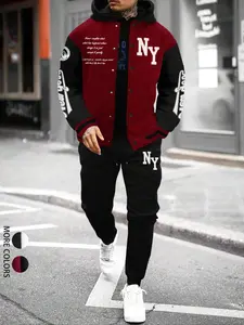 Two-Piece Set Men's Letter Print Varsity Jacket & Pants, Loose Casual Fashion Cozy Breathable Outfits for Daily Outdoor Wear, Men Clothes for Spring Fall, Streetwear Tracksuit Set