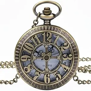 Retro Antique Bronze Pocket Watch with 31" Lobster Clasp Necklace Chain, Classic Quartz Clock Necklace, Vintage Steampunk Pocket Watch with Chain for Men and Women