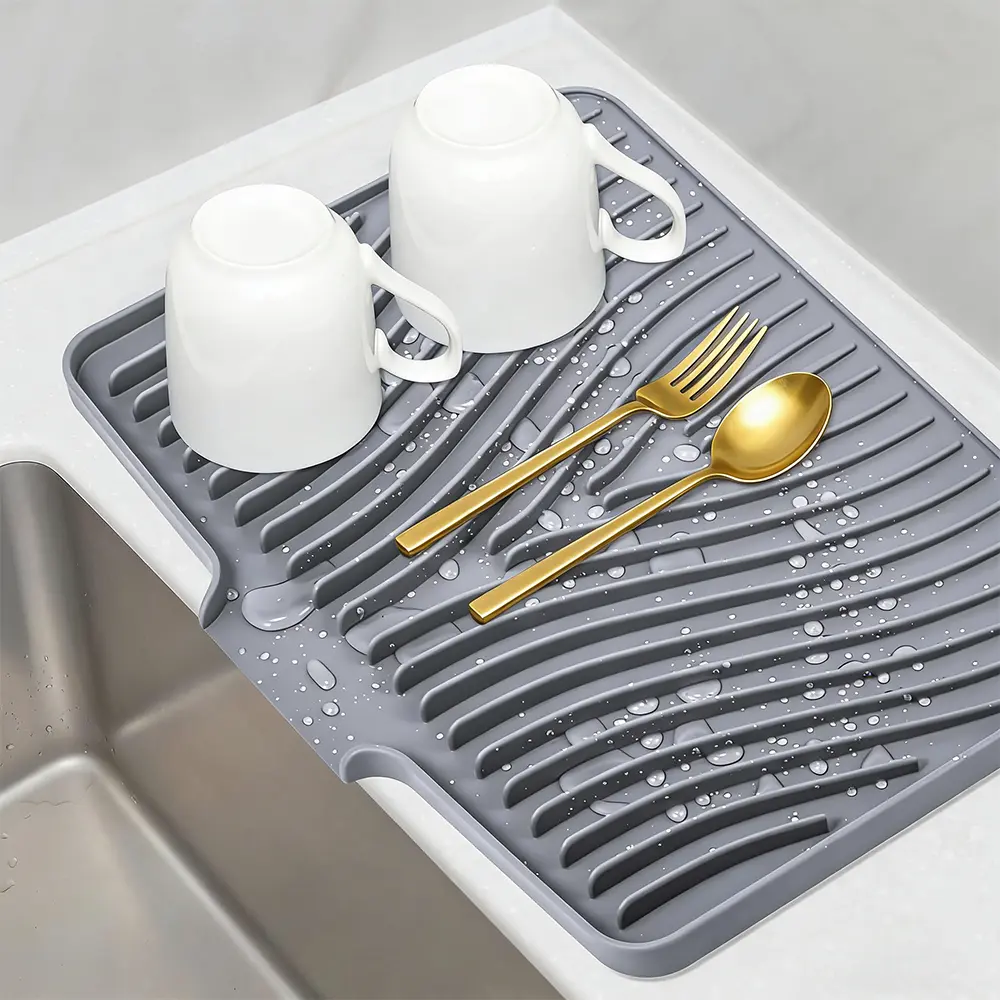 Silicone Rectangle Dish Drying Mat for Kitchen Counter - 15.7x13in Foodsafe Silicone Sink Liner with Built-In Drain, Non-Slip, Heat Resistant, Waterproof, Fast Drying, Easy-Clean Tableware Pad