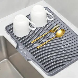 Gery Dish Drying Mat Kitchen Counter - Silicone Dish Drying Pad with Built-in Drain for Sink, Refrigerator and Drawer Liner, Easy Clean, Non-Slip, Heat Resistant, 15.7 x 13in