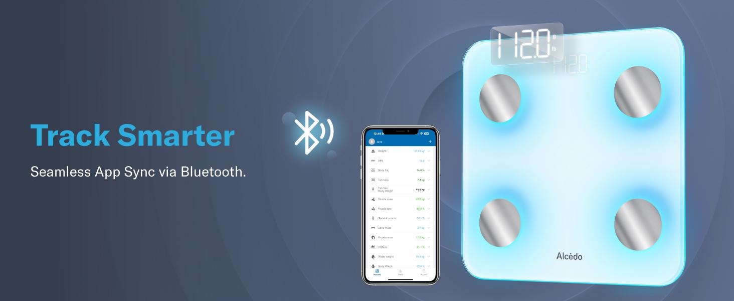 Alcedo Smart Scale for Body Weight, 7-Color Glowing Bluetooth Digital Bathroom Scale for BMI and Body Fat, Body Composition Monitor with Smartphone App