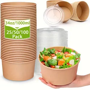 34Oz/1000Ml 25/50/100 Pack Kraft Paper Bowls with Lids, Disposable Tableware, Disposable Dinnerware, Microwave Freezer Safe, Disposable Soup Salad Ramen Serving Bowls, To Go Food Containers for Hot/Cold Food, Party Supplies for Christmas