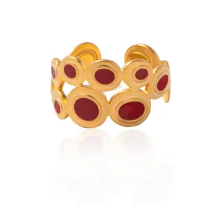 Luxury Yellow Gold Plated Stainless Steel Red Eye Enamel Open Rings for Women, Openwork Adjustable Statement Rings, Fashion Accessories Gifts for Women Girls