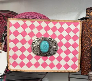 Pink prairie belle checkered leather purse with wristlet