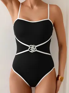 New Camellia Material Colorblock One-Piece Swimsuit Style, Handmade Beaded Jewelry, Sexy Slimming Bikini for Women