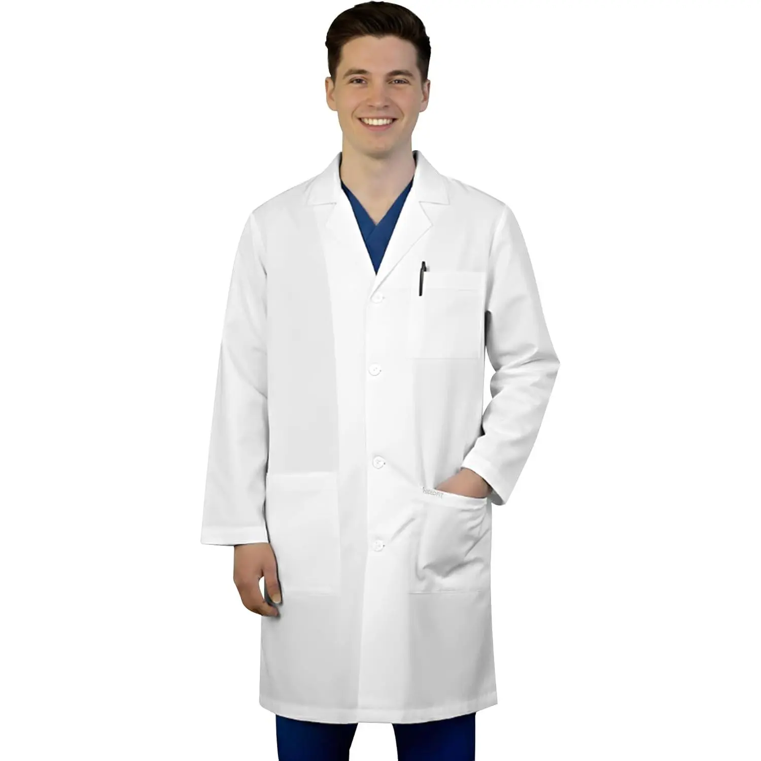 HeedFit Men's 37" Professional Plain Lab Coat, Classic Long-Sleeve Uniform Clothes, Soft Poly-Cotton Workwear with Multiple Pockets, Uniforms, Menswear, Hem, Split, Polyester, Button