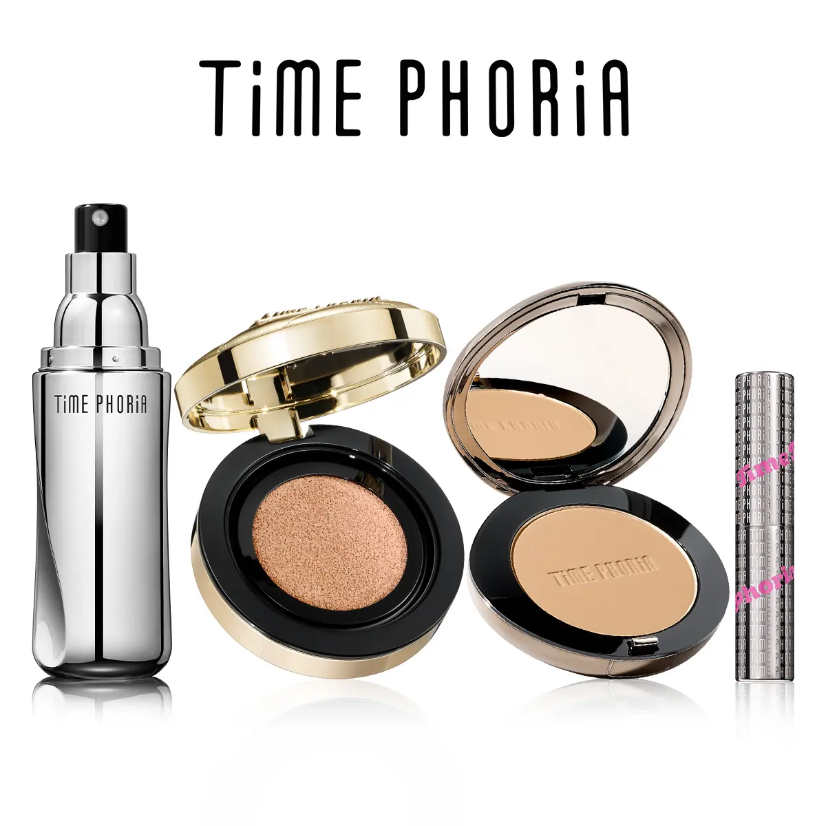 [Makeup 4pcs] TIMEPHORIA Ultimate Glow 4pcs Makeup Set: Jelly Eyeshadow Stick + Glow Cushion + Blurring Powder + Setting Spray | Lightweight hydrating Glow & Mid - Full Coverage | Long-Lasting, Transfer-Proof & Smudge-Proof for All Skin Types