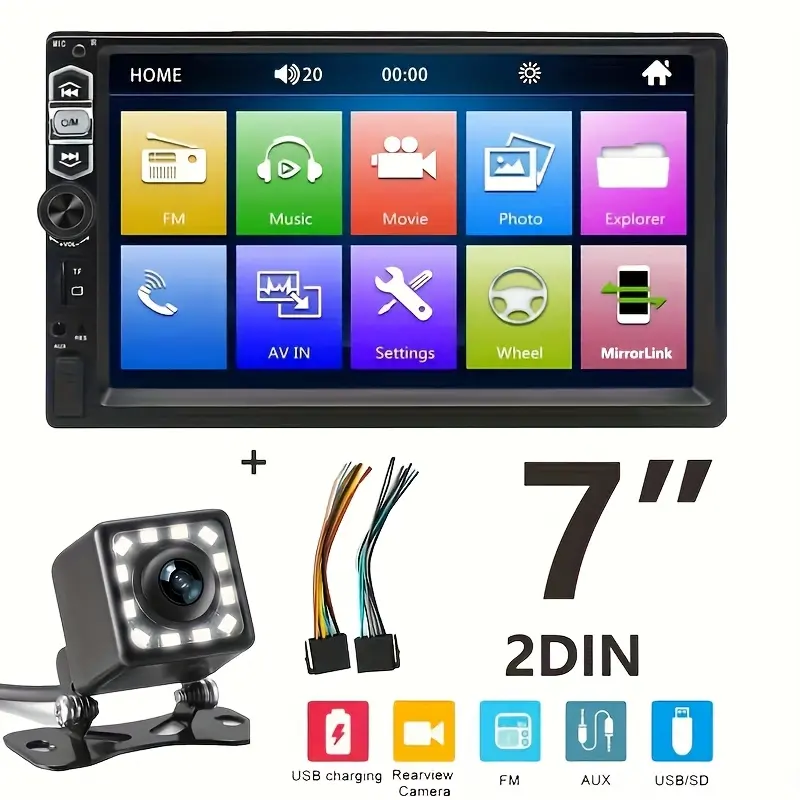 7-Inch HD Car MP5 Player - 2DIN Compatible Car Radio, Car Video Players Featuring a 12LED Backup Camera, Mirror Link, USB/TF/AUX Playback, FM Radio & Phone Connectivity, Without Battery