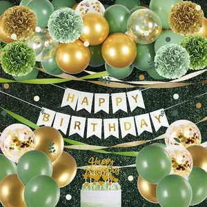 Sage Green Birthday Party Decorations Green and Gold Birthday Decorations with Banner, Pompoms, Cake Toppers, Crepe Paper, Balloons for Boys Girls Baby Shower Birthday Supplies