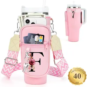 LOKASS Initial A-Z Water Bottle Carrier Bag for Stanley 40 oz Tumbler Neoprene with Phone Pocket, Adjustable Strap, Carabiner, Personalized Accessories for Stanley Cup