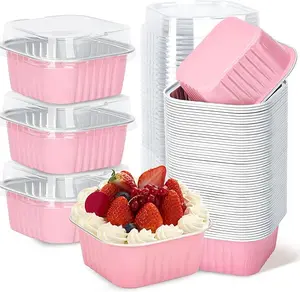 Thirty Pack 5oz Pink Mini Cake Pans with Lids Baking Cups Aluminum Foil Pans Tins, Individual Dessert Cups Containers for Sales,Party,Picnics Bakeware