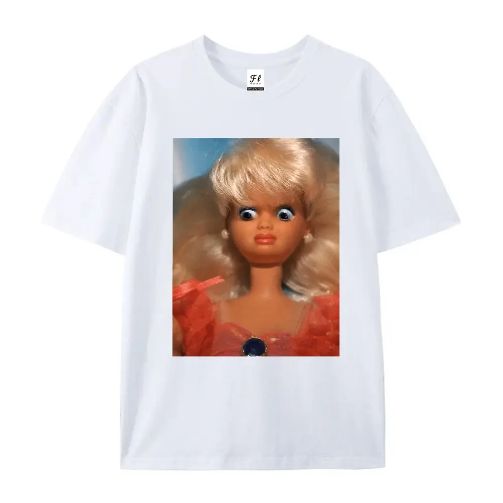 Women's Cotton Short-Sleeve Round-Neck Unisex Retro Doll Face Graphic T-Shirt - Streetwear Apparel for Surreal Humor, Casual Daily Wear