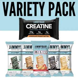 JIMMYBAR! Protein Variety Pack - 20g Protein, Creatine, Collagen, Caffeine, Omega-3s, MCT Oil for Brain Health, Real Peanuts, Chocolate, Strawberry, Vanilla, Caramel Option, Low Salt, Low Sugar, Milk Protein natural snack bar