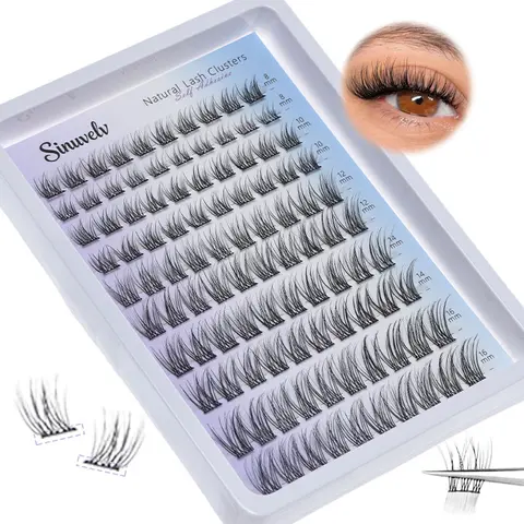 Self-Adhesive Cluster Eyelash Extensions - 8-16MM 0.05MM C-Curl Natural Cross Cosmetic Clusters Lashes, No-Glue Self-Stick False Eyelashes & Adhesives for Beginners' Daily DIY Long Lashes Beauty Makeup