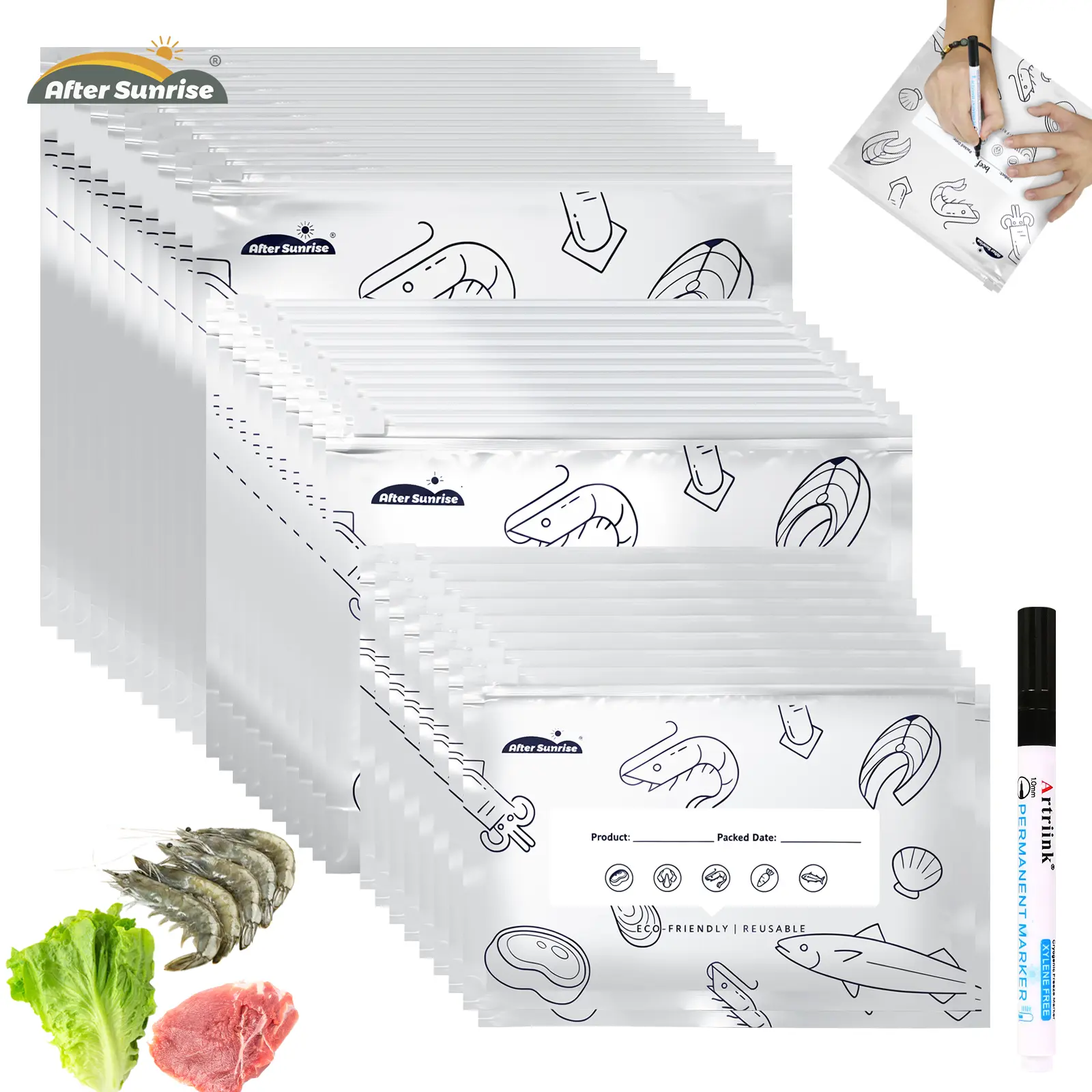 Aftersunrise 2026 Reusable Aluminum Foil Airtight Storage Bags - Kitchen Containers & Utensils Home Goods, Stand-Up Resealable Vacuum Zipper Pouches with Labels for Refrigerated Vegetables, Fruits, Meats