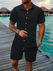 Stylish Summer Matching Set for Men: Textured Geometric Short Sleeve Shirt with Casual Shorts, Easy Outfit for Travel, Outdoor and Tropical Vacations Clothes