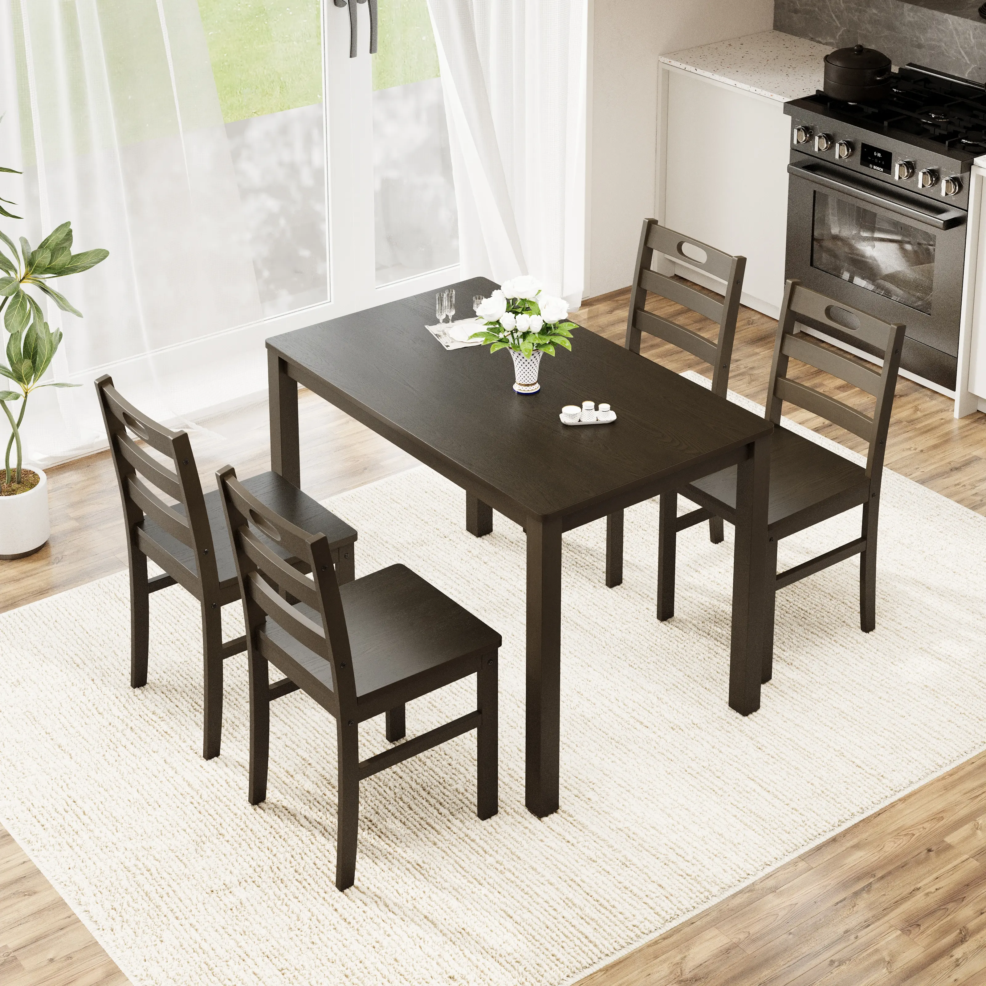 Dark Brown Table + 4  Brown Chairs (No Cushion)