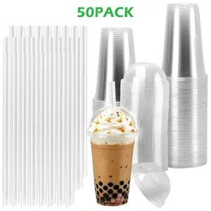 20oz Clear Plastic Bubble Tea Serving Cups - 50-Pack BPA-Free Recyclable PET Disposable Tumblers with Dome Lids & Thick Straws, Leak-Resistant Drinkware for Bubble Tea, Iced Coffee, To-Go Beverages