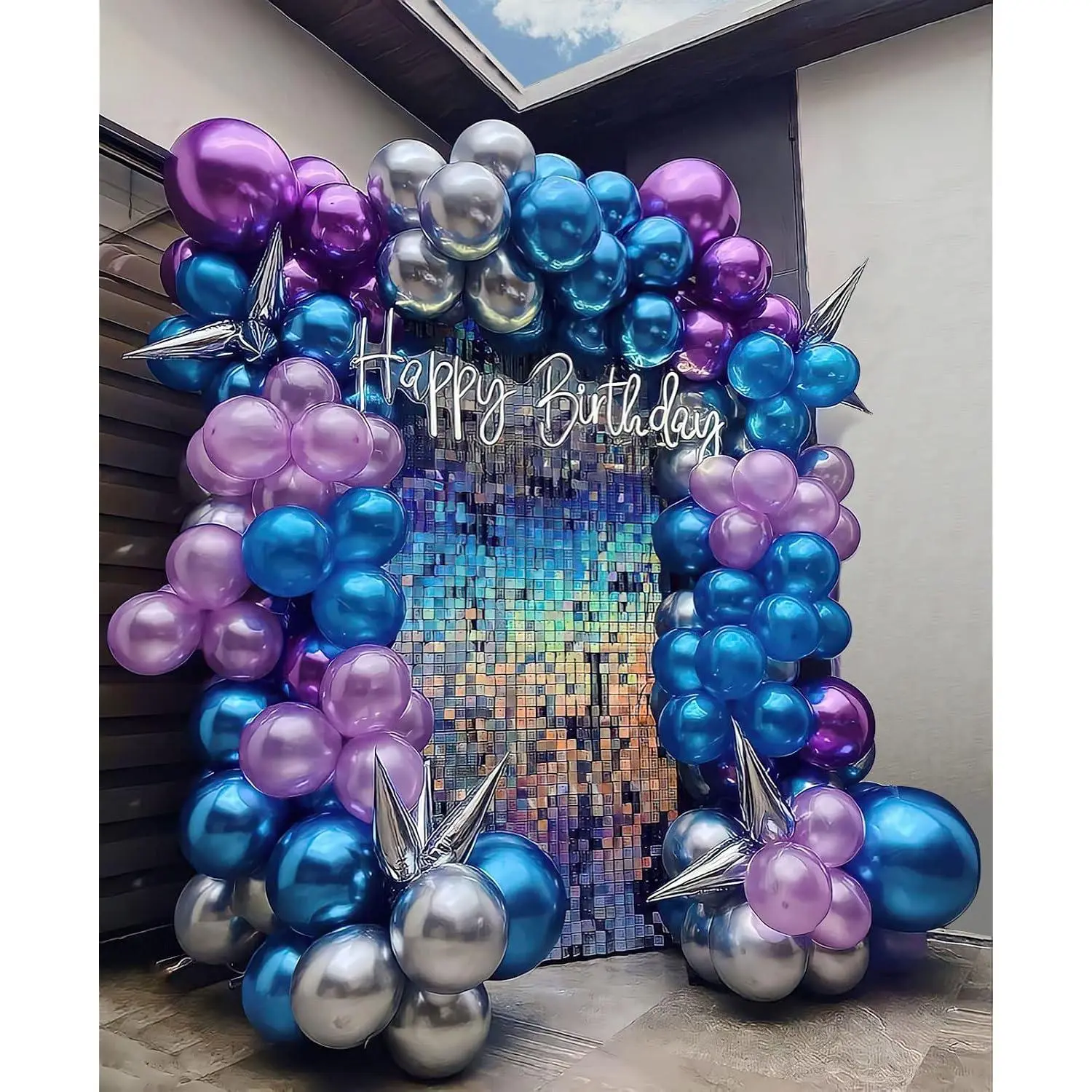 Chrome Purple And Blue Balloon Garland Arch Kit 130Pcs Double Stuffed Lilac Silver Metallic Balloons For 2023Graduation Galaxy Space Theme Video Game Euphoria Party Women Birthday Decorations