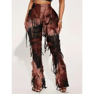 Fringe Tie-Dye Skinny Pants, Casual Style, 95% Polyester 5% Spandex, Medium Stretch Knit Fabric, All-Season, 200g/m2 Weight Womenswear Bottom
