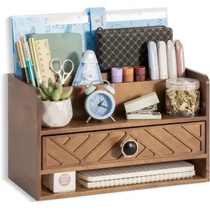 Brown Wood Desk Organizer and Accessories with Drawer, Bill Mail Organizer and File Mail Holder for Office Supplies, Desk Accessories & Workspace Organizers