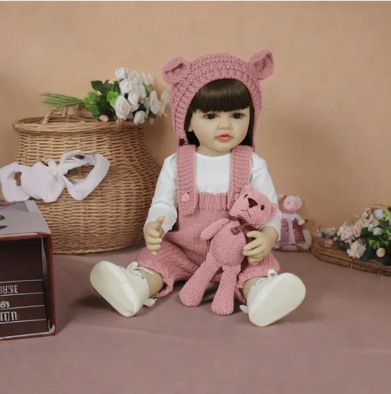 22" Realistic Princess Doll with Long Brown Hair & Pink Bodysuit - Silicone Baby Doll with Teddy Bear Stuffed Animal & Accessories - Sitting & Standing - Perfect Christmas Gift or Birthday Present for Collectors